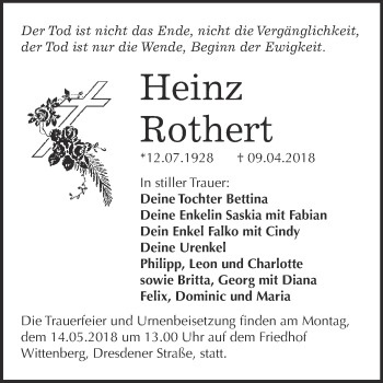 Traueranzeige von Heinz Rothert von WVG - Wochenspiegel Wittenberg
