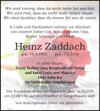 Traueranzeige von Heinz Zaddach von Mitteldeutsche Zeitung