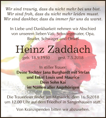 Traueranzeige von Heinz Zaddach von Super Sonntag SGH Mansf. Land
