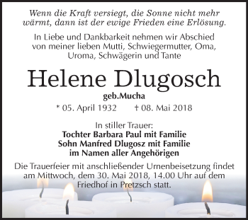 Traueranzeige von Helene Dlugosch von Mitteldeutsche Zeitung