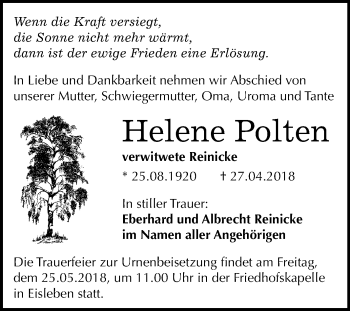 Traueranzeige von Helene Polten von Mitteldeutsche Zeitung