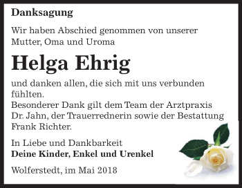 Traueranzeige von Helga Ehrig von Mitteldeutsche Zeitung Sangerhausen