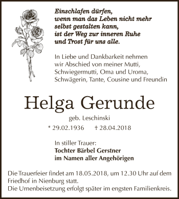 Traueranzeige von Helga Gerunde von Super Sonntag Bernburg