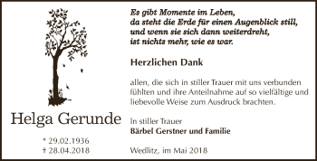 Traueranzeige von Helga Gerunde von Super Sonntag Bernburg