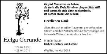 Traueranzeige von Helga Gerunde von Mitteldeutsche Zeitung Bernburg