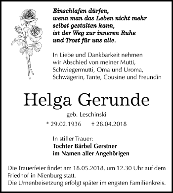 Traueranzeige von Helga Gerunde von Mitteldeutsche Zeitung Bernburg