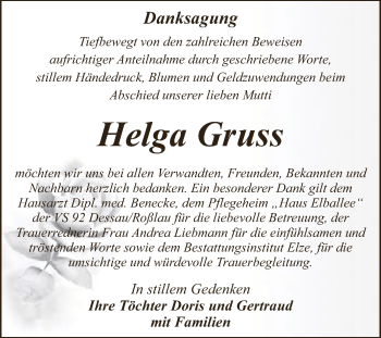Traueranzeige von Helga Gruss von WVG - Wochenspiegel Dessau / Köthen