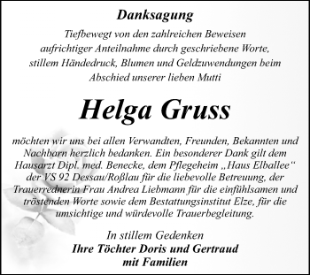 Traueranzeige von Helga Gruss von Mitteldeutsche Zeitung Dessau-Roßlau