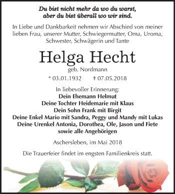Traueranzeige von Helga Hecht von Mitteldeutsche Zeitung Aschersleben
