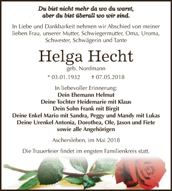 Traueranzeige von Helga Hecht von Super Sonntag Aschersleben