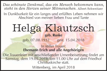 Traueranzeige von Helga Klautzsch von Super Sonntag Wittenberg