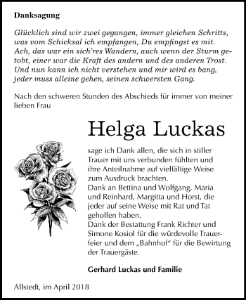 Traueranzeige von Helga Luckas von Mitteldeutsche Zeitung Sangerhausen