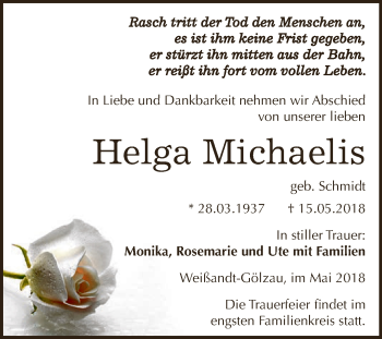 Traueranzeige von Helga Michaelis von WVG - Wochenspiegel Dessau / Köthen