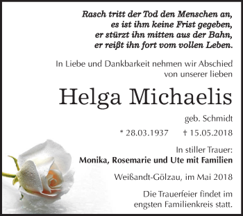 Traueranzeige von Helga Michaelis von Mitteldeutsche Zeitung Köthen