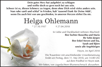 Traueranzeige von Helga Ohlemann von Mitteldeutsche Zeitung Aschersleben