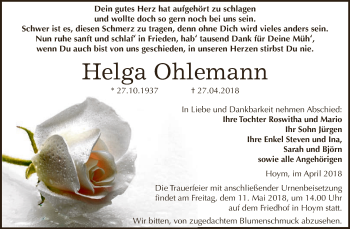 Traueranzeige von Helga Ohlemann von Super Sonntag Aschersleben