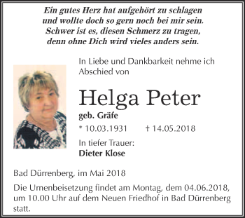 Traueranzeige von Helga Peter von Super Sonntag Merseburg