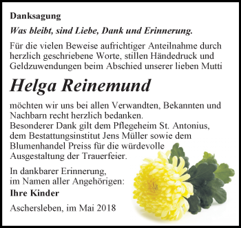 Traueranzeige von Helga Reinemund von Mitteldeutsche Zeitung Aschersleben