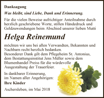 Traueranzeige von Helga Reinemund von Super Sonntag Aschersleben