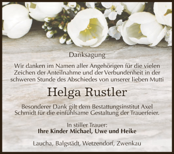 Traueranzeige von Helga Rustler von WVG - Wochenspiegel NMB / WSF / ZTZ