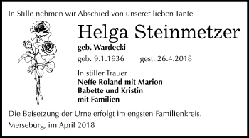Traueranzeige von Helga Steinmetzer von WVG - Wochenspiegel Merseburg