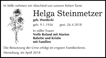 Traueranzeige von Helga Steinmetzer von Mitteldeutsche Zeitung