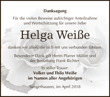 Traueranzeige von Helga Weiße von Super Sonntag SGH Mansf. Land