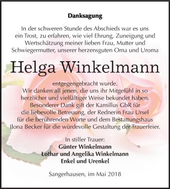 Traueranzeige von Helga Winkelmann von Mitteldeutsche Zeitung Sangerhausen