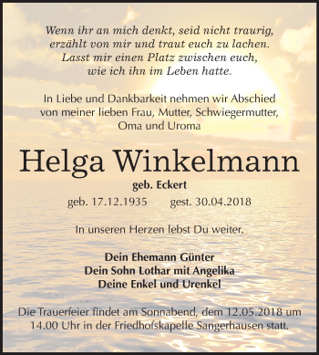 Traueranzeige von Helga Winkelmann von Mitteldeutsche Zeitung