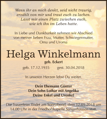 Traueranzeige von Helga Winkelmann von Super Sonntag SGH Mansf. Land