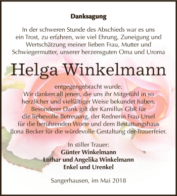 Traueranzeige von Helga Winkelmann von Super Sonntag SGH Mansf. Land