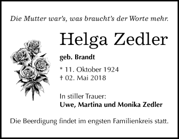 Traueranzeige von Helga Zedler von Mitteldeutsche Zeitung Halle/Saalkreis