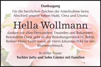 Traueranzeige von Hella Wollmann von Mitteldeutsche Zeitung Merseburg/Querfurt