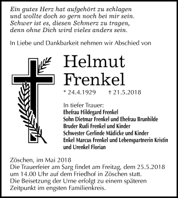 Traueranzeige von Helmut Frenkel von Mitteldeutsche Zeitung Merseburg/Querfurt