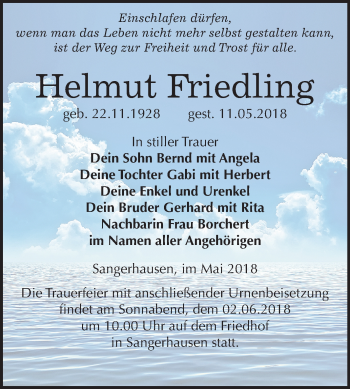 Traueranzeige von Helmut Friedling von Mitteldeutsche Zeitung Sangerhausen