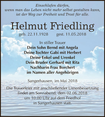 Traueranzeige von Helmut Friedling von Super Sonntag SGH Mansf. Land