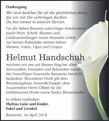 Traueranzeige von Helmut Handschuh von WVG - Wochenspiegel Bitterfeld