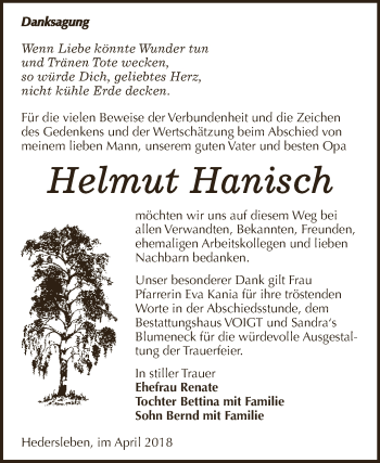 Traueranzeige von Helmut Hanisch von Super Sonntag SGH Mansf. Land