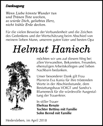 Traueranzeige von Helmut Hanisch von Mitteldeutsche Zeitung
