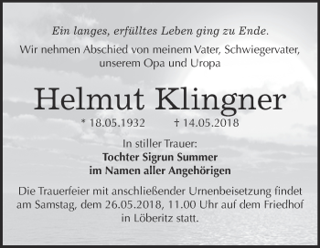Traueranzeige von Helmut Klingner von WVG - Wochenspiegel Bitterfeld