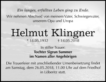 Traueranzeige von Helmut Klingner von Mitteldeutsche Zeitung Bitterfeld