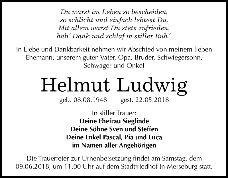  Traueranzeige für Helmut Ludwig vom 30.05.2018 aus Mitteldeutsche Zeitung Merseburg/Querfurt