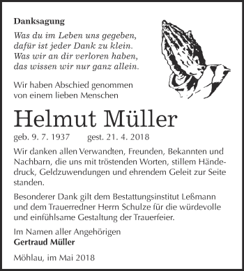 Traueranzeige von Helmut Müller von WVG - Wochenspiegel Wittenberg