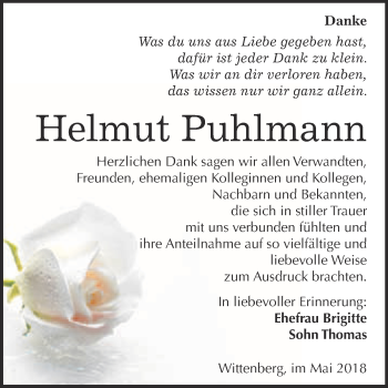Traueranzeige von Helmut Puhlmann von WVG - Wochenspiegel Wittenberg