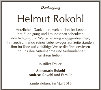 Traueranzeige von Helmut Rokohl von Wochenspiegel Mansfelder Land