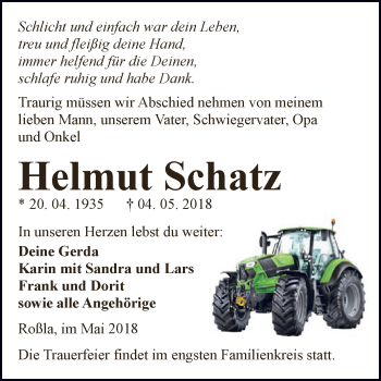 Traueranzeige von Helmut Schatz von Super Sonntag SGH Mansf. Land