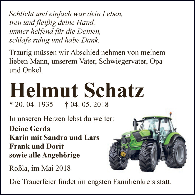  Traueranzeige für Helmut Schatz vom 12.05.2018 aus Super Sonntag SGH Mansf. Land