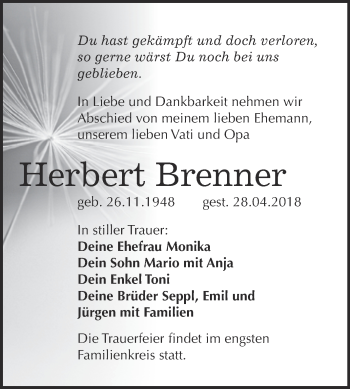 Traueranzeige von Herbert Brenner von WVG - Wochenspiegel Bitterfeld
