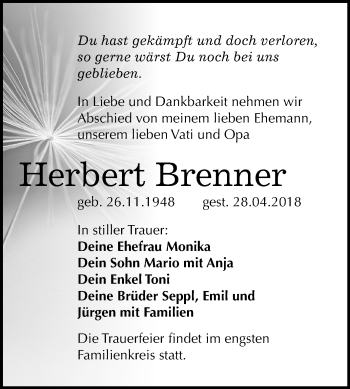 Traueranzeige von Herbert Brenner von Mitteldeutsche Zeitung Bitterfeld