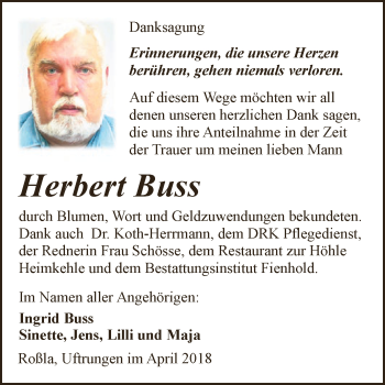 Traueranzeige von Herbert Buss von Super Sonntag SGH Mansf. Land
